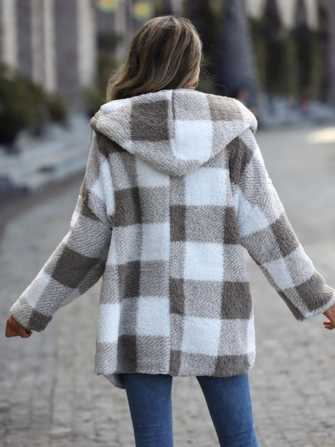 Plaid Open Front Hooded Coat sold by Charming Charlie product image thumbnail 2