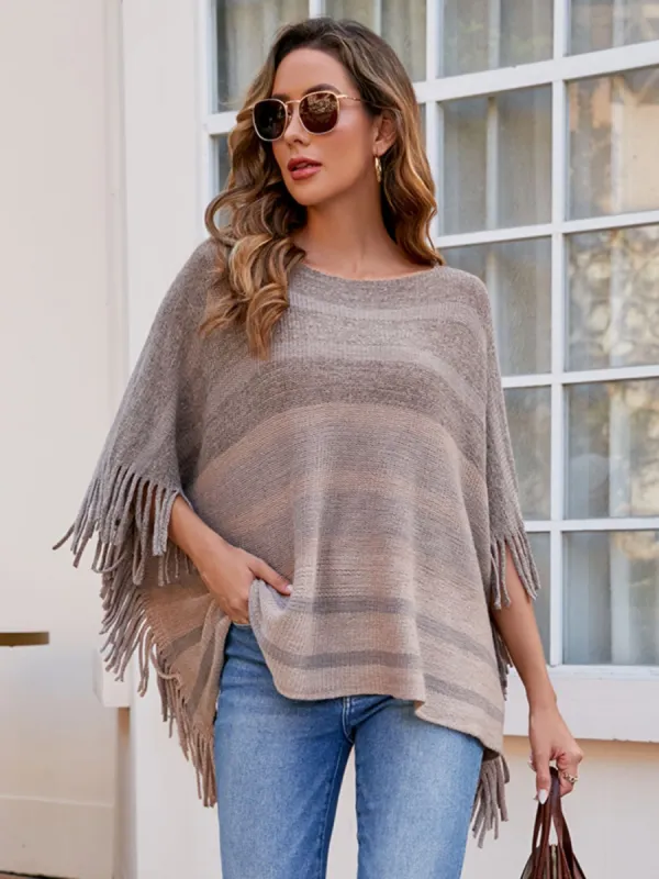Striped Boat Neck Poncho with Fringes sold by Charming Charlie