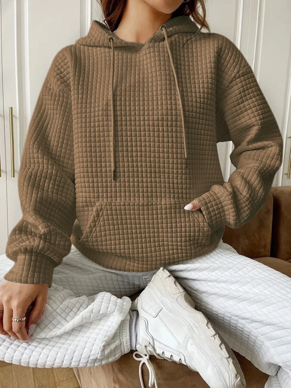 Textured Drawstring Drop Shoulder Hoodie sold by Charming Charlie