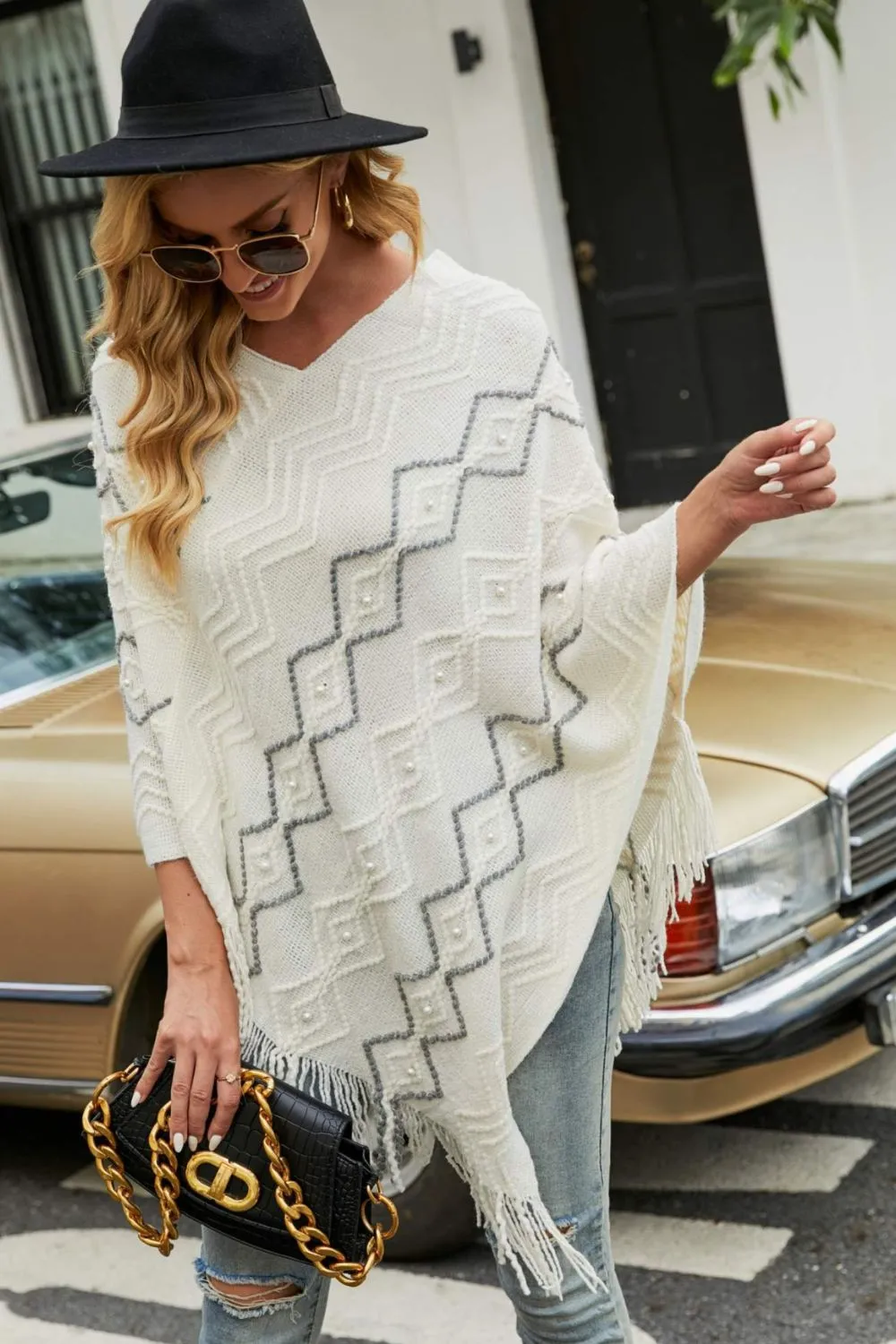 Pearl Trim V-Neck Fringe Hem Poncho sold by Charming Charlie product image thumbnail 2