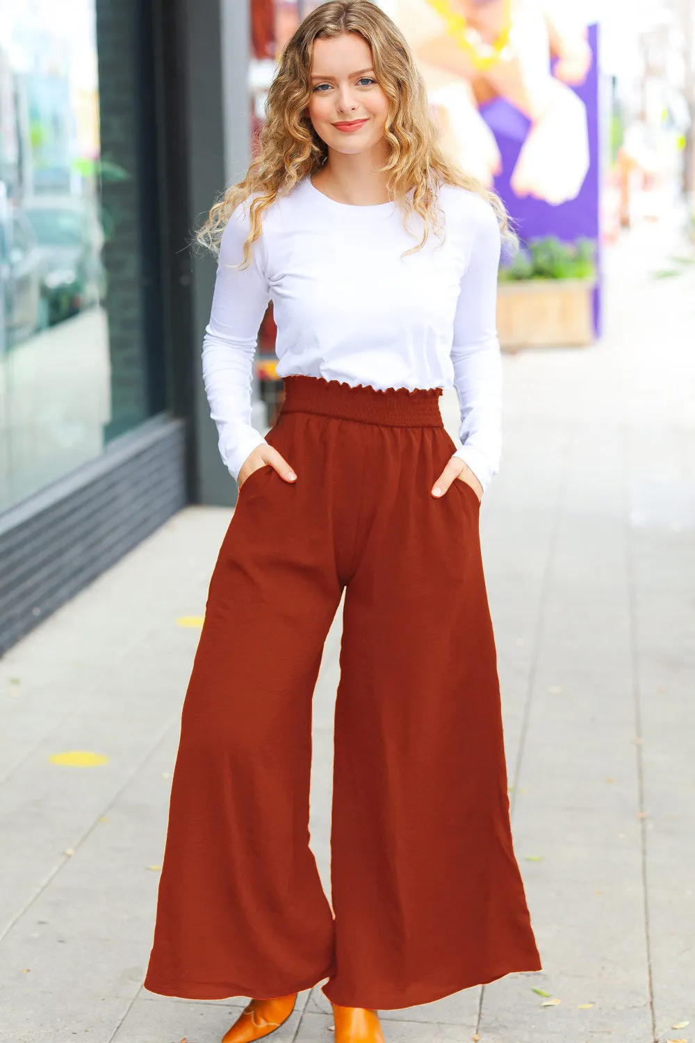 Relaxed Fun Rust Smocked Waist Palazzo Pants sold by Charming Charlie product image thumbnail 3