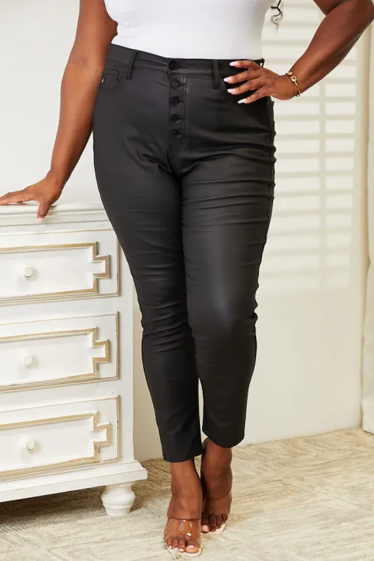 Kancan Full Size High Rise Black Coated Ankle Skinny Jeans sold by Charming Charlie