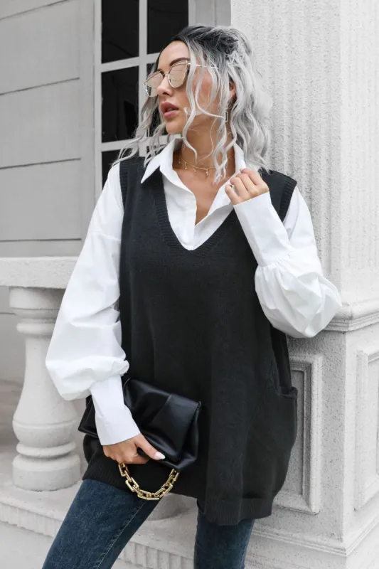 V-Neck Sleeveless Sweater Vest with Pocket sold by Charming Charlie