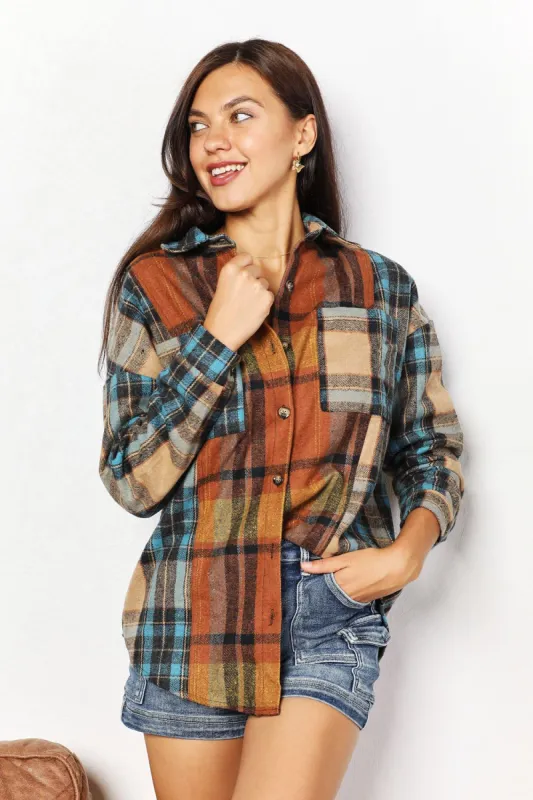 Double Take Plaid Curved Hem Shirt Jacket with Breast Pockets sold by Charming Charlie