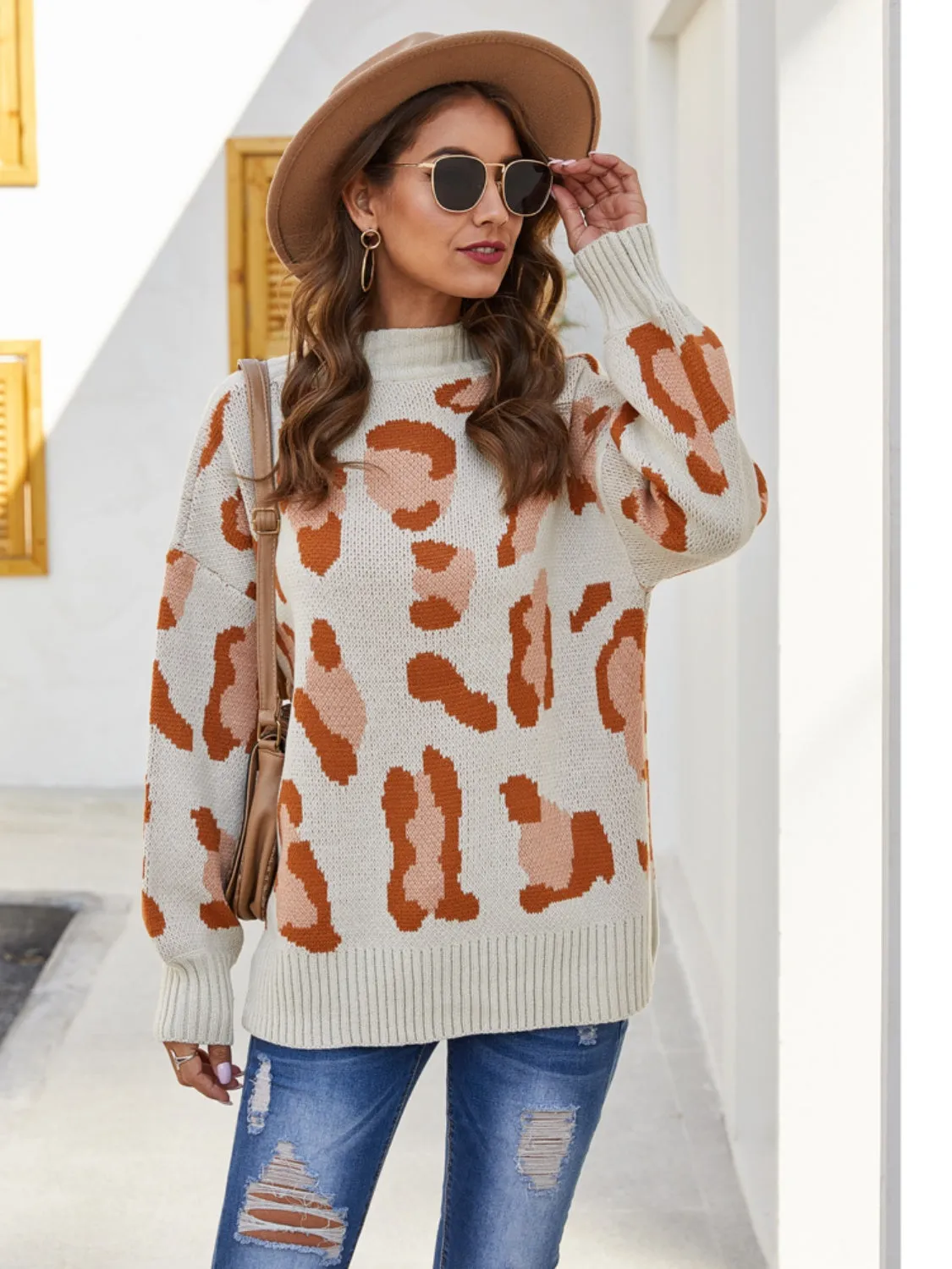 Leopard Mock Neck Dropped Shoulder Sweater sold by Charming Charlie product image thumbnail 3