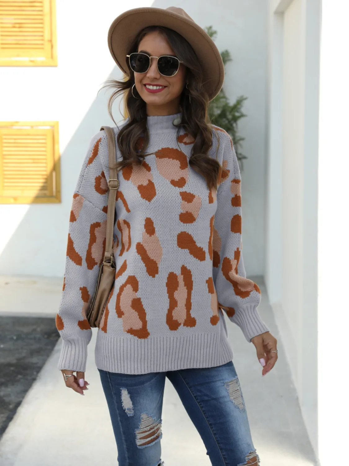 Leopard Mock Neck Dropped Shoulder Sweater sold by Charming Charlie product image thumbnail 4