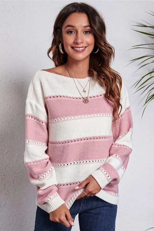 Striped Boat Neck Dropped Shoulder Sweater sold by Charming Charlie
