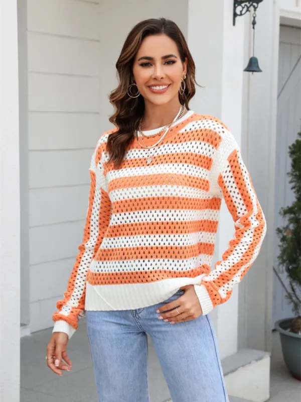 Striped Openwork Round Neck Sweater sold by Charming Charlie