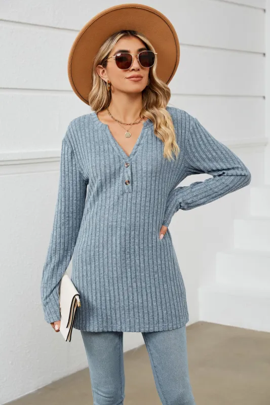 Notched Neck Ribbed Long Sleeve T-Shirt sold by Charming Charlie