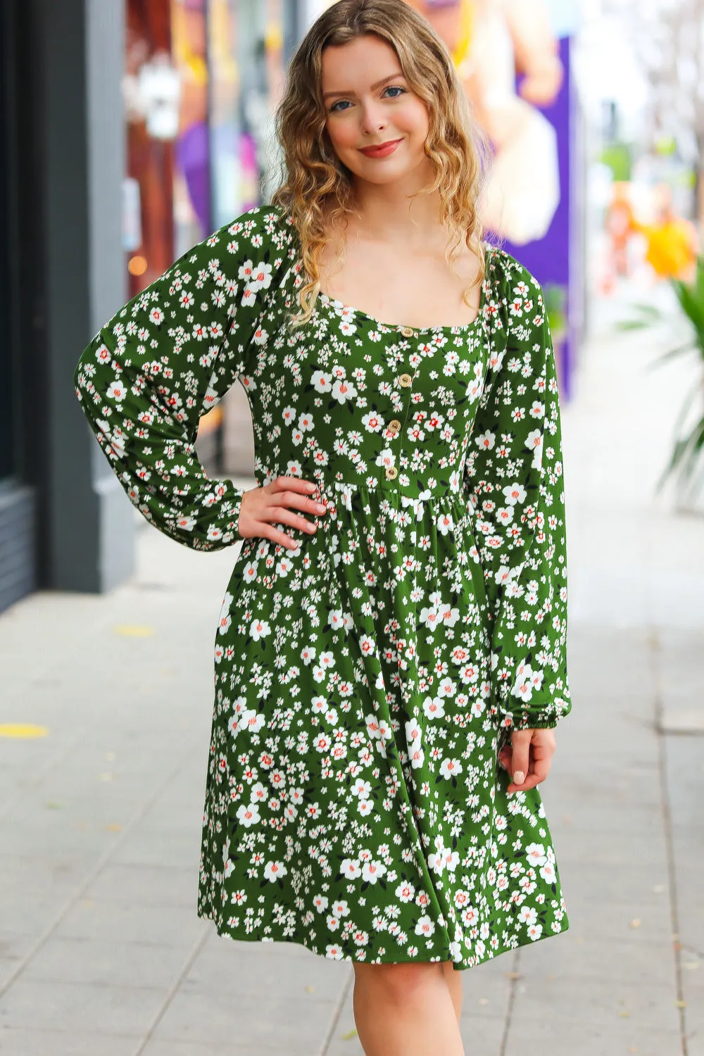 Positive Perceptions Olive Ditsy Floral Square Neck Dress sold by Charming Charlie