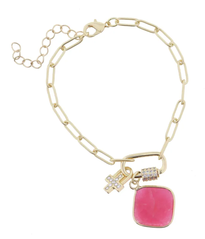 Gold Carabiner with Crystals, Pink Stone, Crystal Square Cross Latch Bracelet sold by Charming Charlie