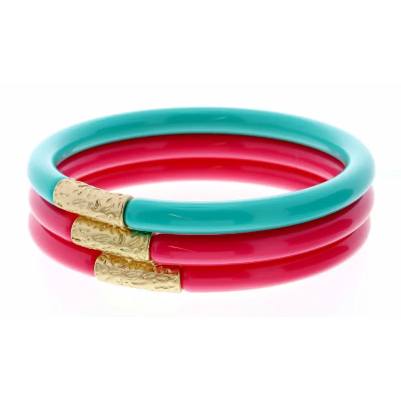 Stack of 3, Hot Pink & Teal Bangles with Gold Accent Bracelet sold by Charming Charlie