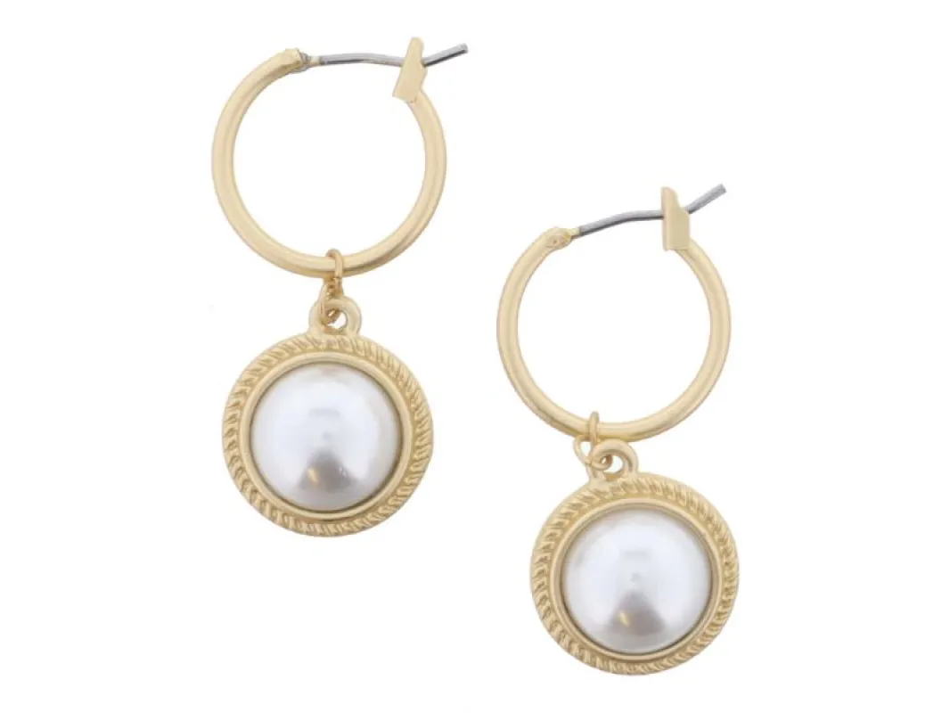 Gold Huggie with Gold Encased Pearl Dangle Earrings sold by Charming Charlie