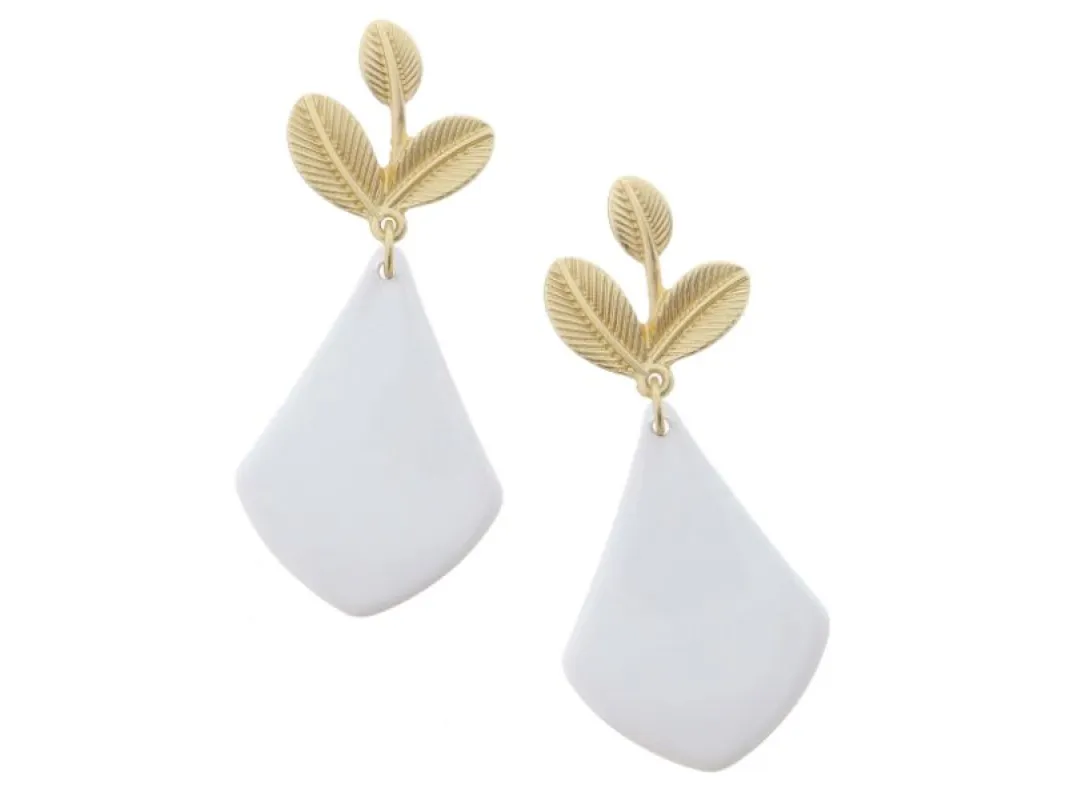 Gold Leaves Post with White Kite Shape Dangle Earrings sold by Charming Charlie
