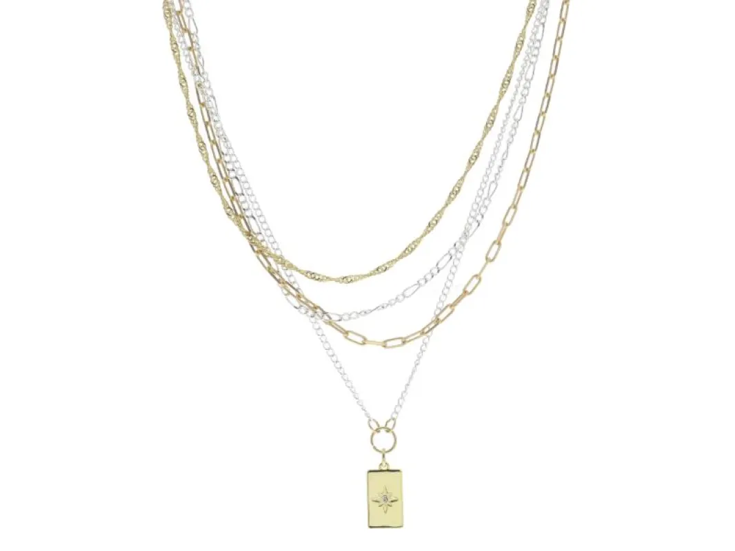 4 Layer Multi Gold and Silver Chains with Rectangle with Star Necklace sold by Charming Charlie