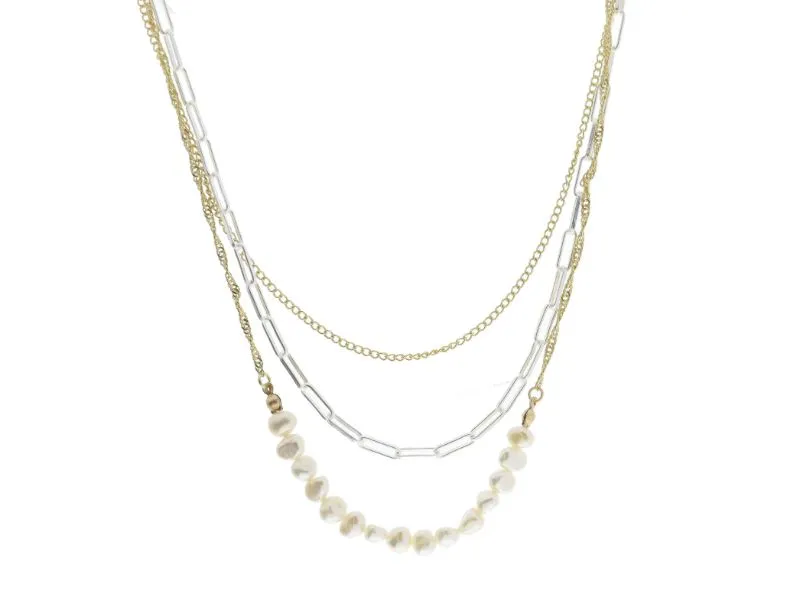 3 Strand, Multi Chain with Petite Curb, Silver Paperclip with Multi Pearl Section Necklace sold by Charming Charlie