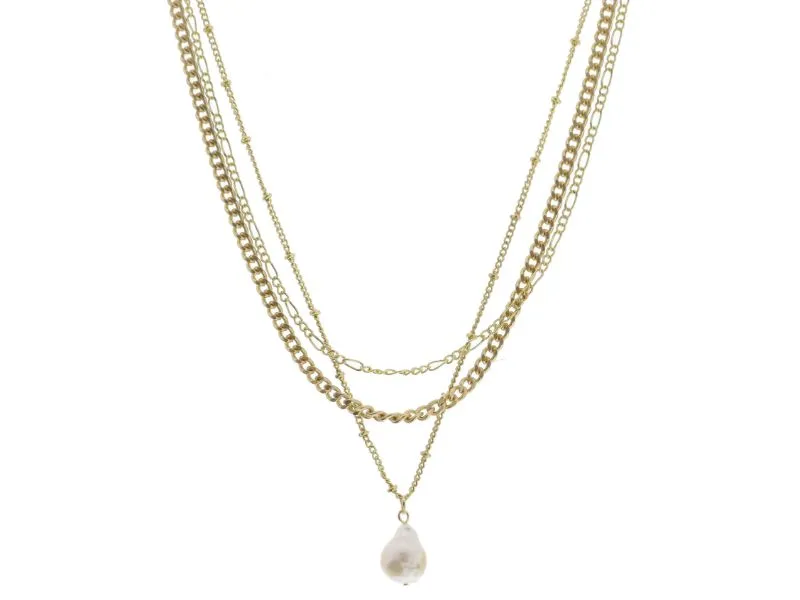3 Strand, Multi Chain with Figaro, Curb, Satellite with Pearl Drop Necklace sold by Charming Charlie