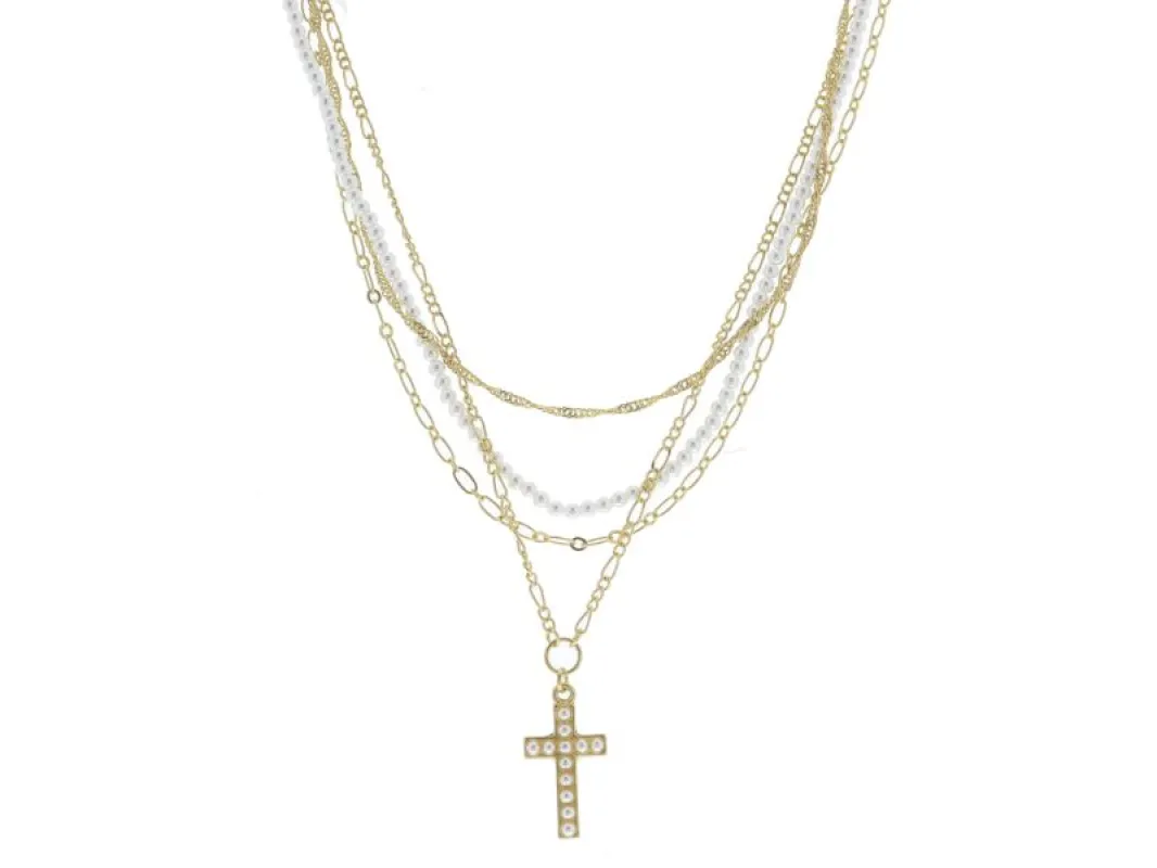 4 Layer Multi Chains and Pearl Strand with Cross and Pearl Inlay Necklace sold by Charming Charlie