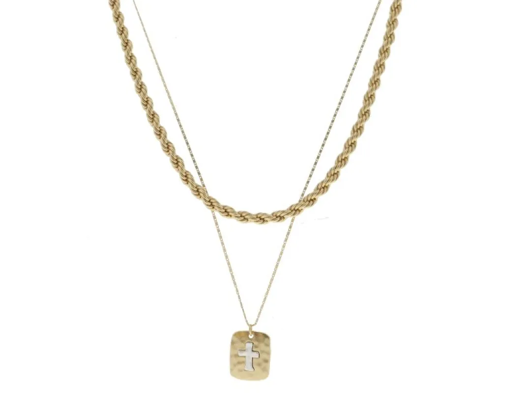 2 Strand, Gold Rope Chain, Gold Chain with Rectangle, Silver Cross Necklace sold by Charming Charlie