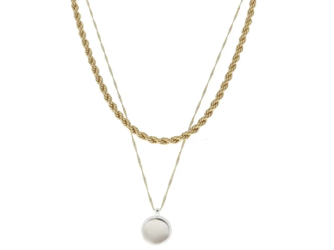 2 Strand, Gold Rope Chain, Gold Singapore Chain with Silver Disc Necklace sold by Charming Charlie