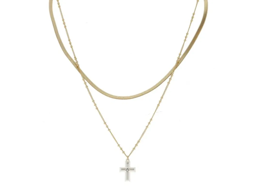 2 Strand, Gold Snake Chain, Gold Satellite Chain with Silver Cross Necklace sold by Charming Charlie