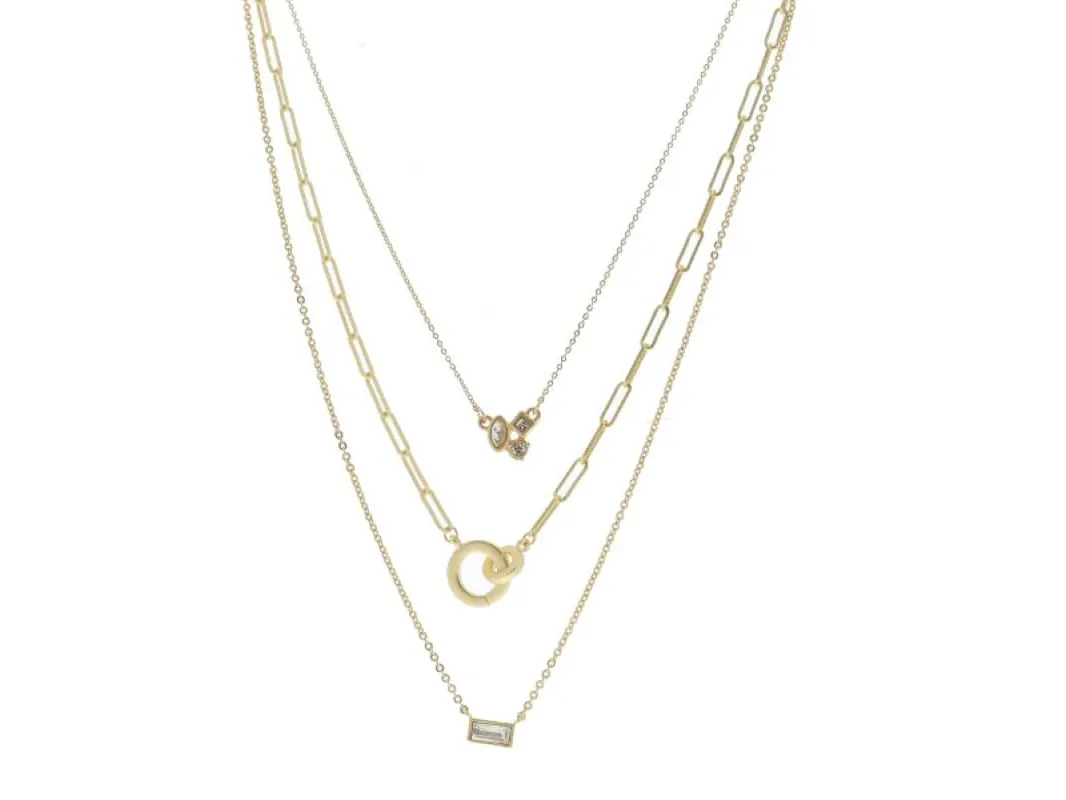 3 Strand, Multi-Shaped Crystal Cluster, Gold Circle Links, Baguette Crystal Necklace sold by Charming Charlie