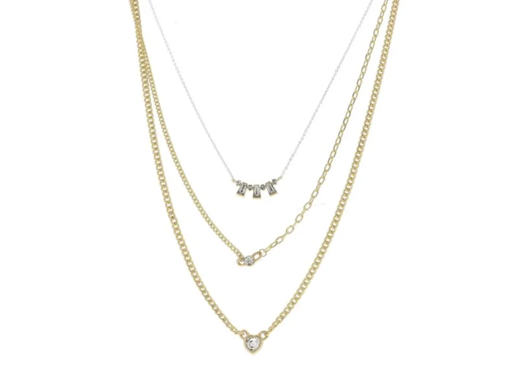 3 Strand, Crystals and Trapezoid Crystals Curved Bar, Crystal, Gold Cased Crystal Heart Necklace sold by Charming Charlie