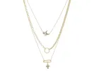 3 Strand, Crystal, Moon, Star, Pearls, Gold Circle, Gold Paperclip Link, Cross Dangle Necklace sold by Charming Charlie