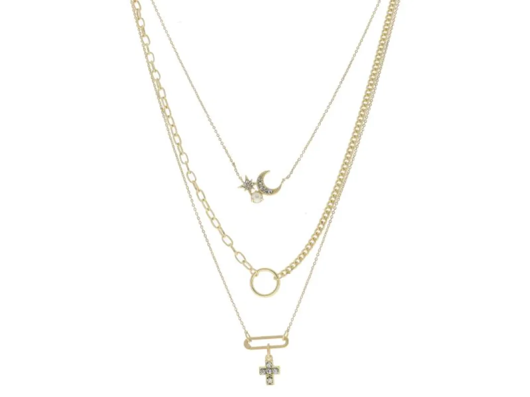 3 Strand, Crystal, Moon, Star, Pearls, Gold Circle, Gold Paperclip Link, Cross Dangle Necklace sold by Charming Charlie