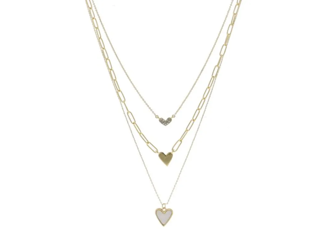 3 Strand, Mini Clear Crystal Heart, Gold Heart, Gold Cased White Shell Heart Necklace sold by Charming Charlie