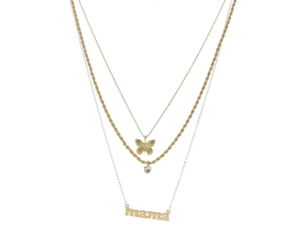 3 Strand, Gold Butterfly, Clear Crystal Drop, Gold "mama" Bar Necklace sold by Charming Charlie