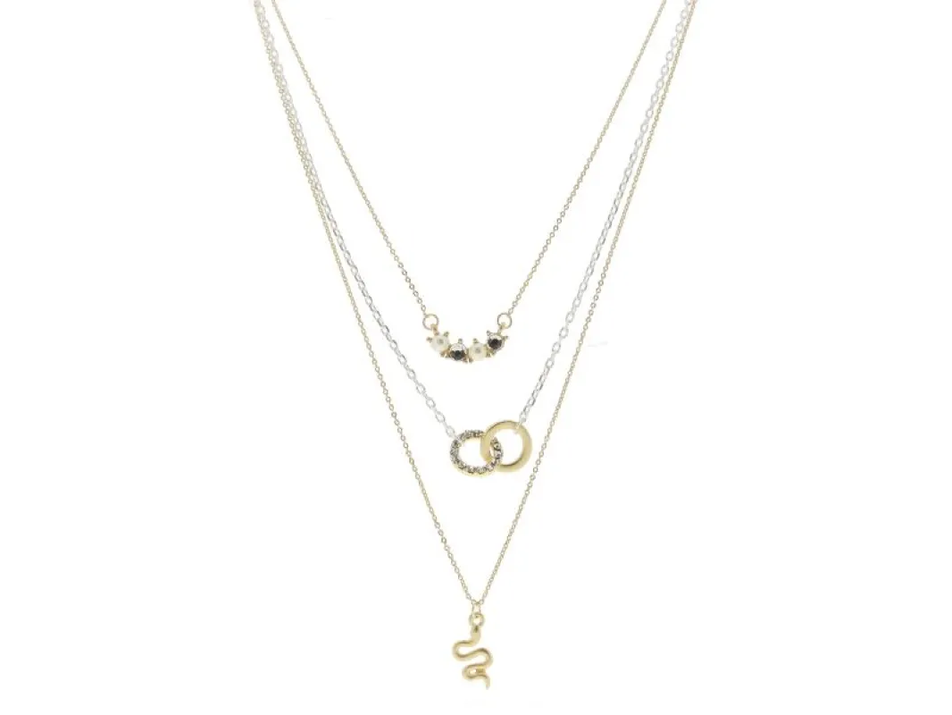 3 Strand, Pearl and Clear Crystal Curved Bar, Gold and Clear Crystal Circle Links, Gold Snake Necklace sold by Charming Charlie