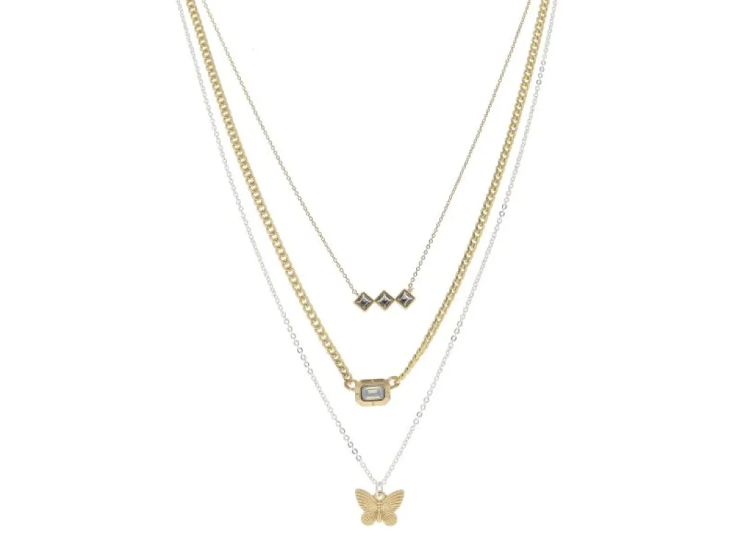 3 Strand, Diamond Crystal Bar, Moonstone Crystal Gold Emerald Plate, Gold Butterfly Necklace sold by Charming Charlie
