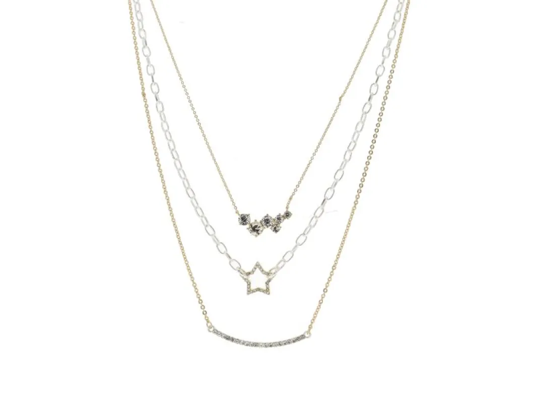 3 Strand, Crystal Cluster Bar, Gold Star, Silver Crystal Curved Bar Necklace sold by Charming Charlie