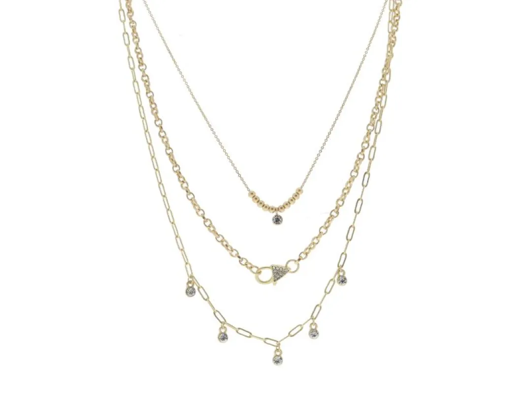 3 Strand, Gold Balls with Crystal Drop, Faux Gold Crystal Lobster Closure, Multi Crystal Drops Necklace sold by Charming Charlie