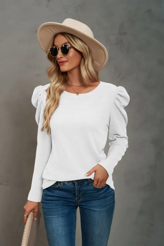 Waffle-Knit Puff Sleeve Round Neck Top sold by Charming Charlie