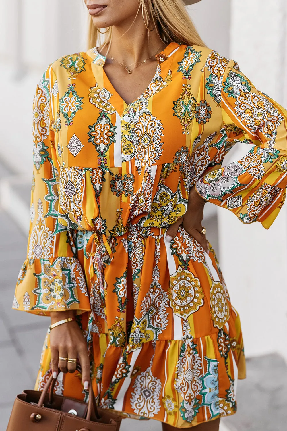 Printed Notched Neck Flounce Sleeve Dress sold by Charming Charlie product image thumbnail 3