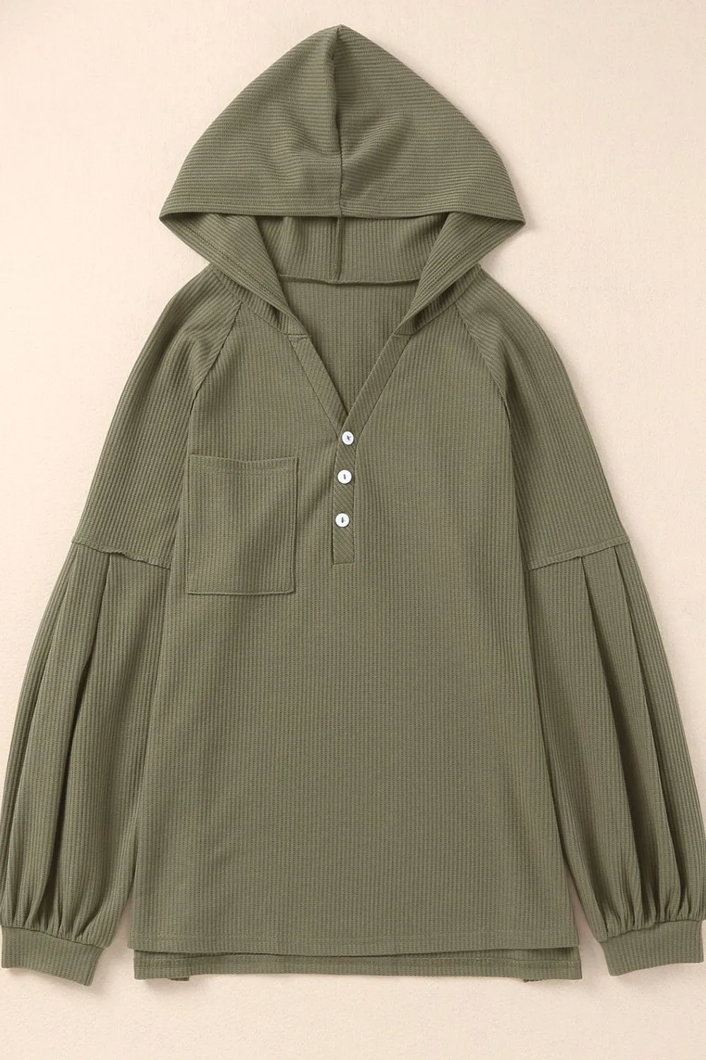 Puff Sleeve Side Slit Buttoned Waffle Knit Hoodie sold by Charming Charlie product image thumbnail 3