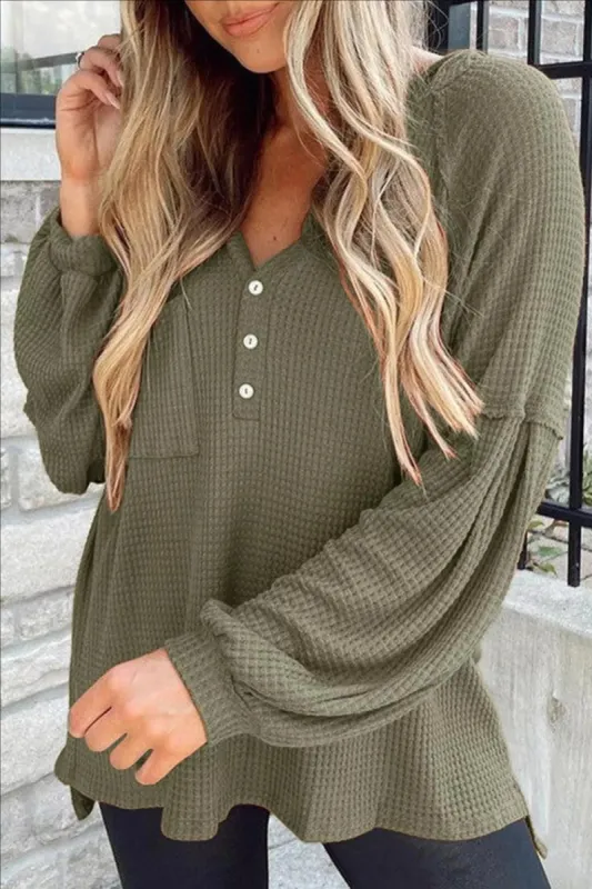 Puff Sleeve Side Slit Buttoned Waffle Knit Hoodie sold by Charming Charlie