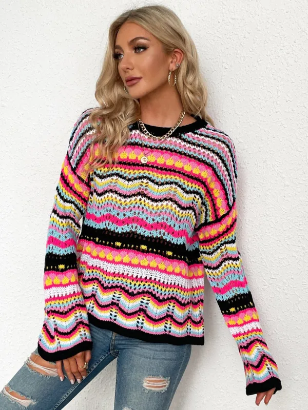 Rainbow Stripe Openwork Flare Sleeve Knit Top sold by Charming Charlie