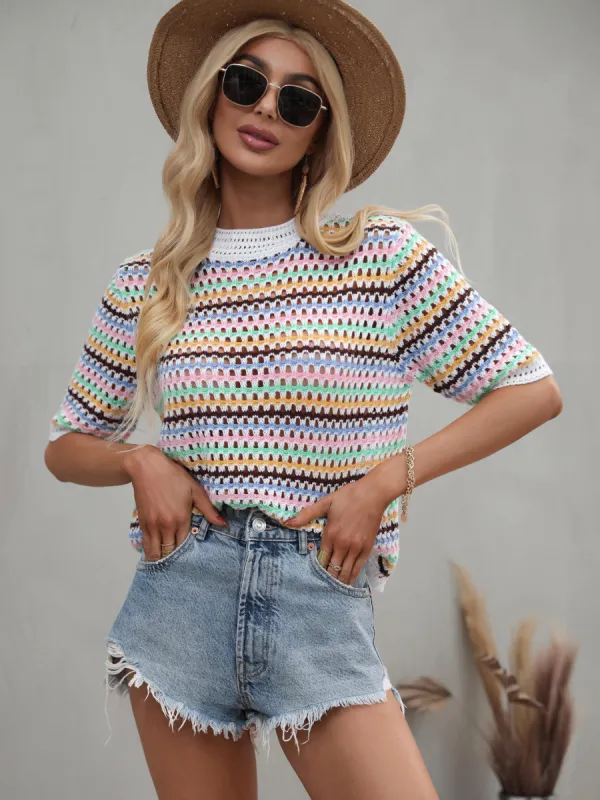Striped Openwork Half Sleeve Knit Top sold by Charming Charlie