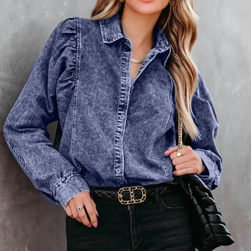 Collared Neck Buttoned Denim Shirt sold by Charming Charlie