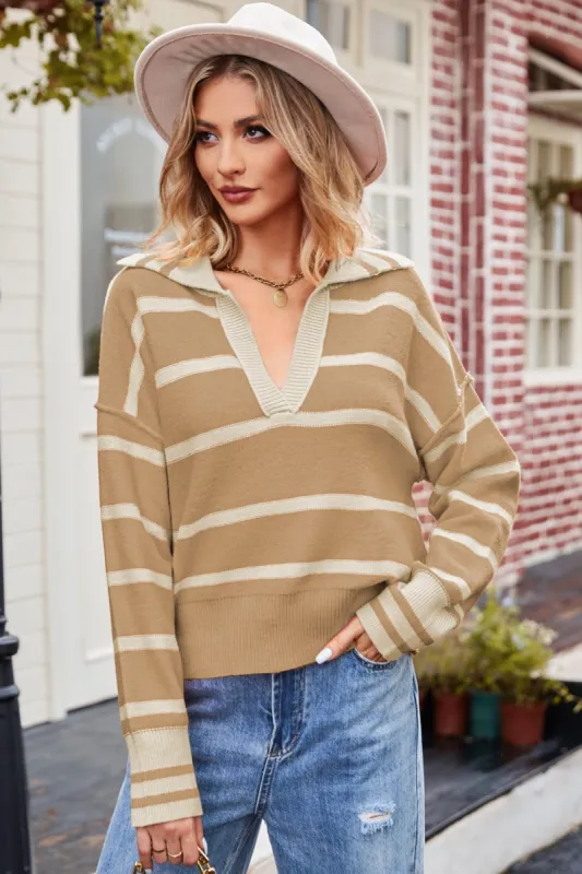 Striped Dropped Shoulder Notched Neck Knit Top sold by Charming Charlie