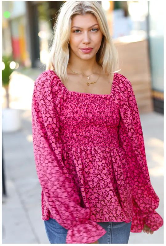 Always With You Fuchsia Smocked Ditzy Floral Ruffle Top sold by Charming Charlie