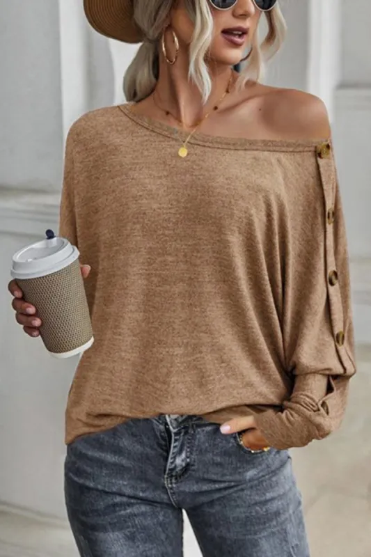 Boat Neck Buttoned Long Sleeve T-Shirt sold by Charming Charlie