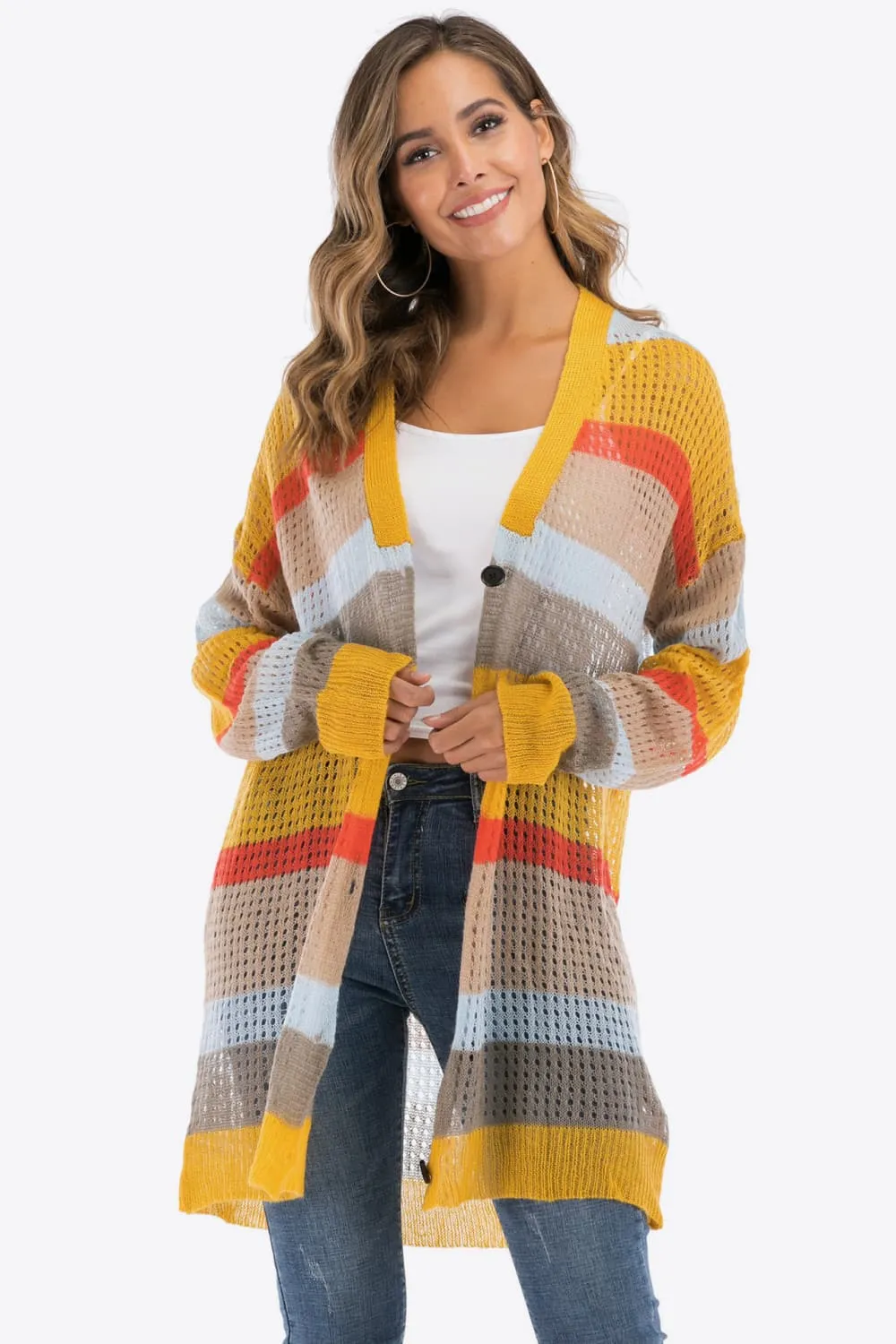Color Block Openwork Long Sleeve Cardigan sold by Charming Charlie