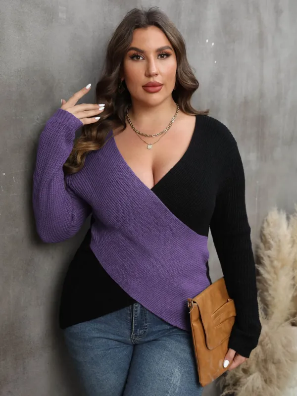 Plus Size Two-Tone Surplice Neck Sweater sold by Charming Charlie