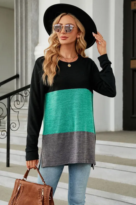 Color Block Round Neck Long Sleeve Slit T-Shirt sold by Charming Charlie