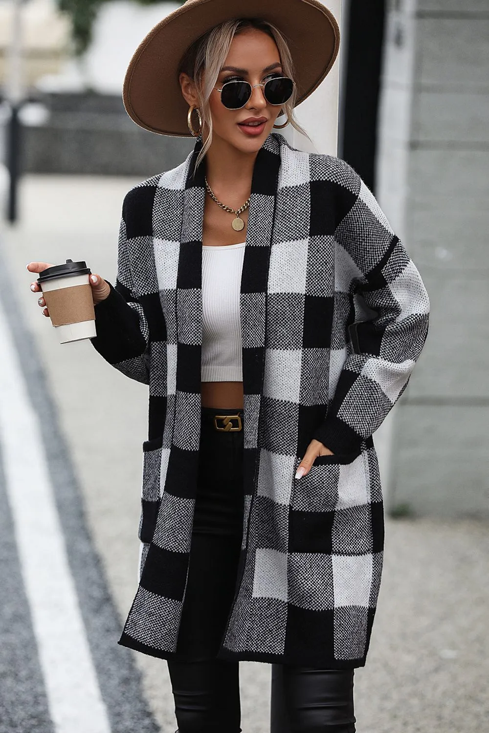 Plaid Dropped Shoulder Cardigan with Pocket sold by Charming Charlie