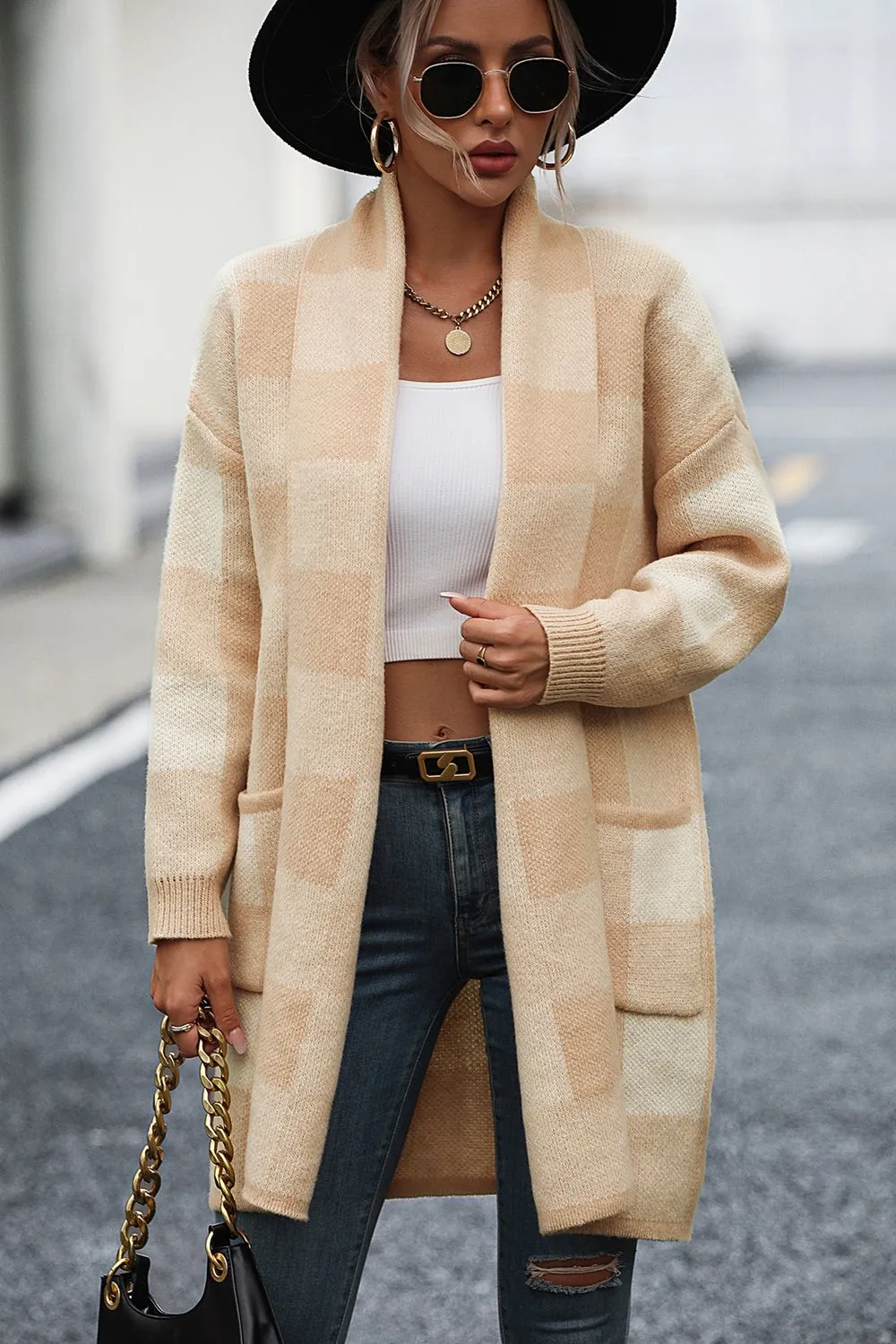 Plaid Dropped Shoulder Cardigan with Pocket sold by Charming Charlie product image thumbnail 5